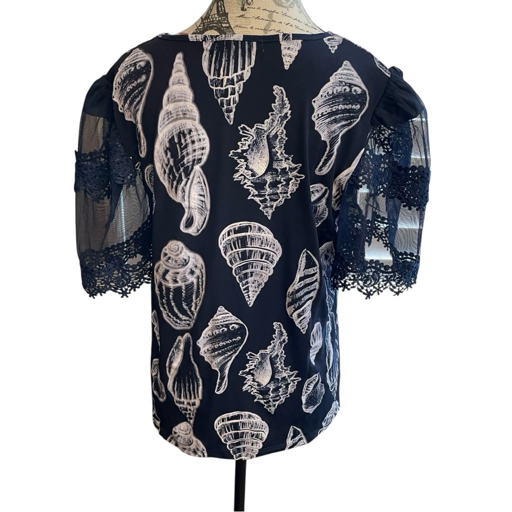 Chic Navy Shell Print Blouse with Lace Sleeves - Picture 2 of 5
